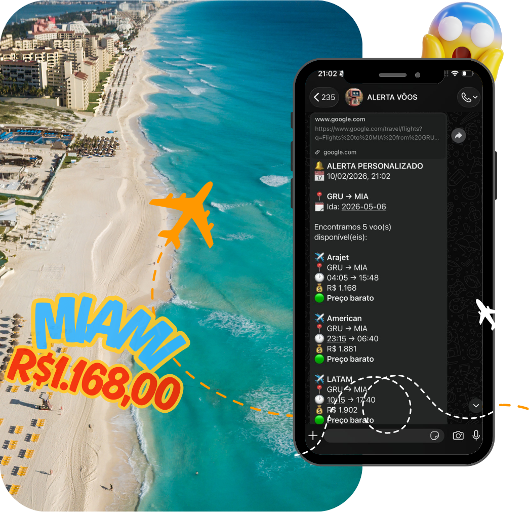 Exemplo real de alerta personalizado de voo recebido no WhatsApp